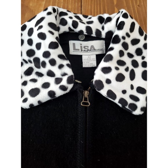 Lisa International Black Wool Dalmation Puppy Spotted Zipup Vest Size Large - Picture 2 of 6